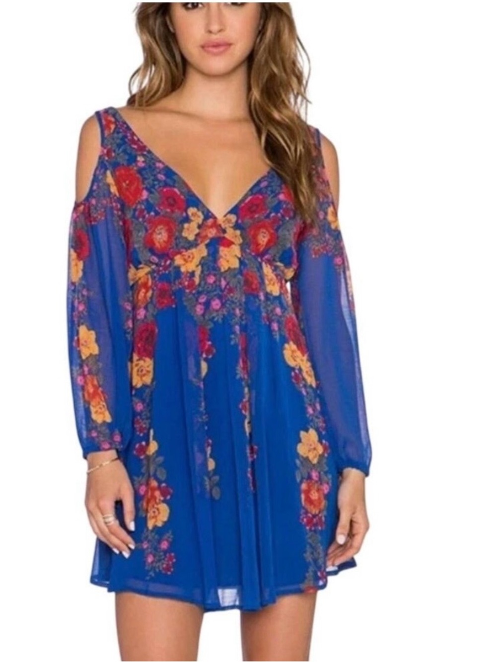 Free People Floral Open Shoulder Mini Dress - Rich Deep Blue